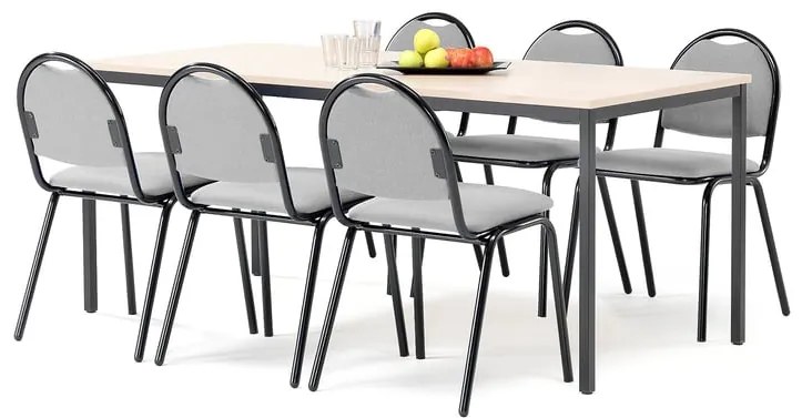 Jedálenská zostava: stôl 1800x800 mm, breza + 6 stoličiek, šedá/čierna