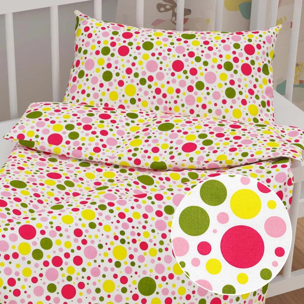 Biante Detské bavlnené posteľné obliečky do postieľky Sandra SA-209 Ružové a žlté bodky na bielom Do postieľky 100x135 a 40x60 cm