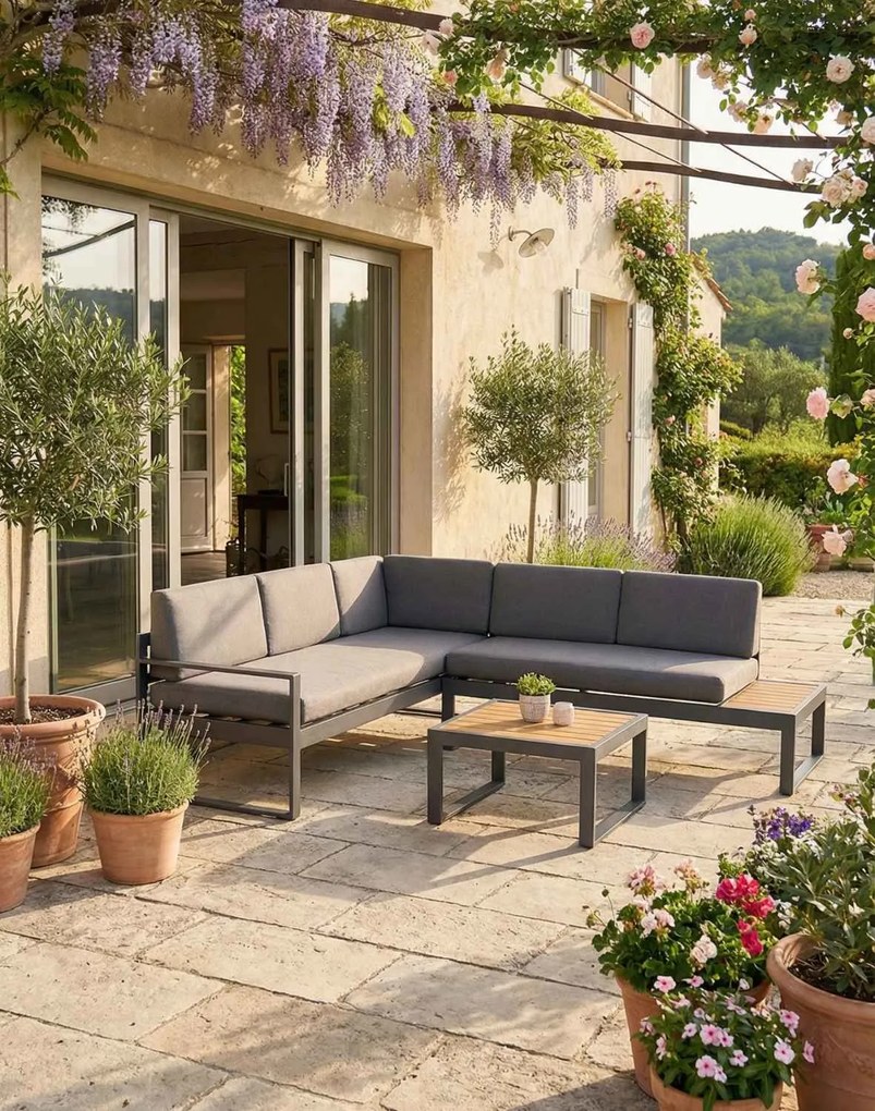 Záhradná rohová sedacia súprava Loreto Grey pre 5 osôb so stolíkom – hliník, sivá