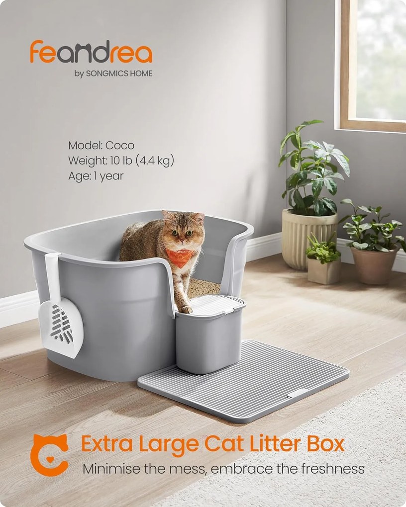 Extra veľká mačacia toaleta s vysokými bočnicami a mriežkou, sivá