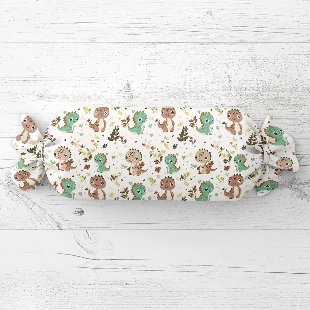Biante Detský vankúš valec bonbon Sandra SA-657 Zeleno-hnedé dinosaury na bielom 15x40 cm