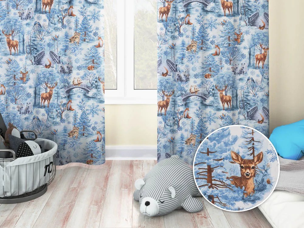 Biante Detský bavlnený záves Sandra SA-674 Lesné zvieratá v zimnom lese na modrom 150x220 cm