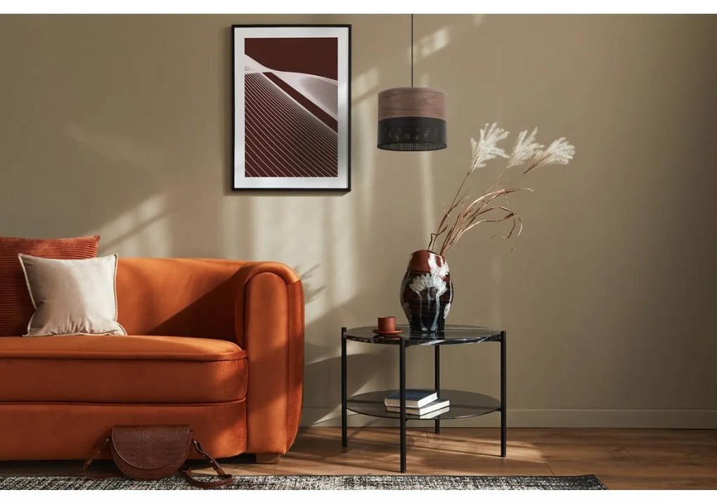 Závesné svietidlo Wood, 1x hnedá orechová dýha/čierne PVC tienidlo, (fi 20cm)