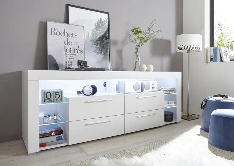 TV stolík Goal 179 cm, biely, s osvetlením