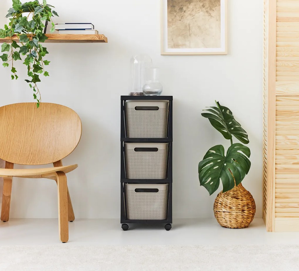 Rotho Pojazdný stojan, regál s 3 košíkmi, BRISEN TOWER, béžová/antracit