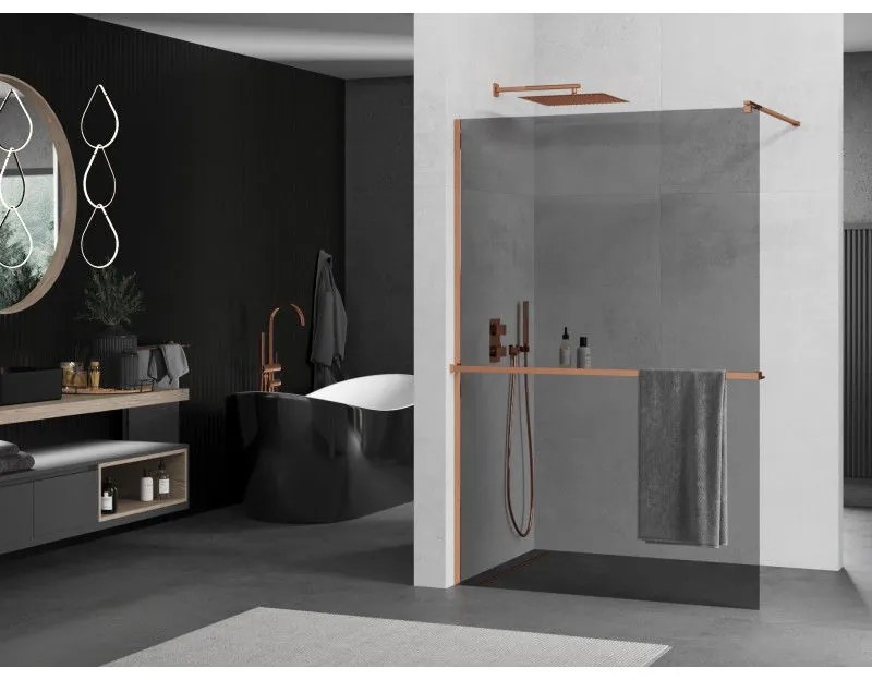 Mexen Kioto, sprchová zástena s poličkou a držiakom na uteráky 110 x 200 cm, 8mm šedé sklo, profil ružové zlato, 800-110-121-60-40