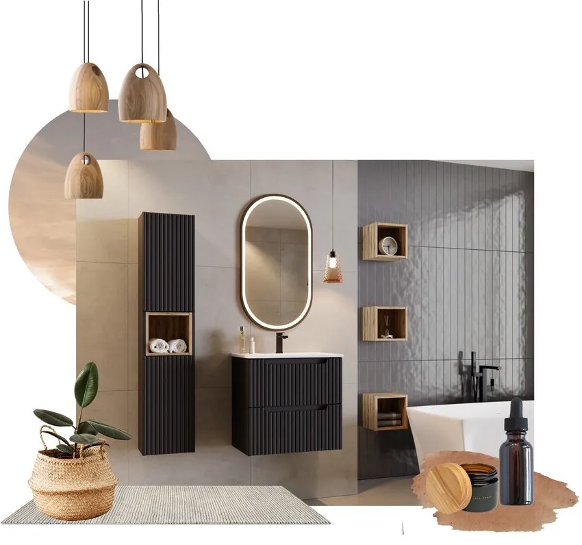 Závěsná skříňka Nova Black II s deskou 50 cm černá/dub evoke