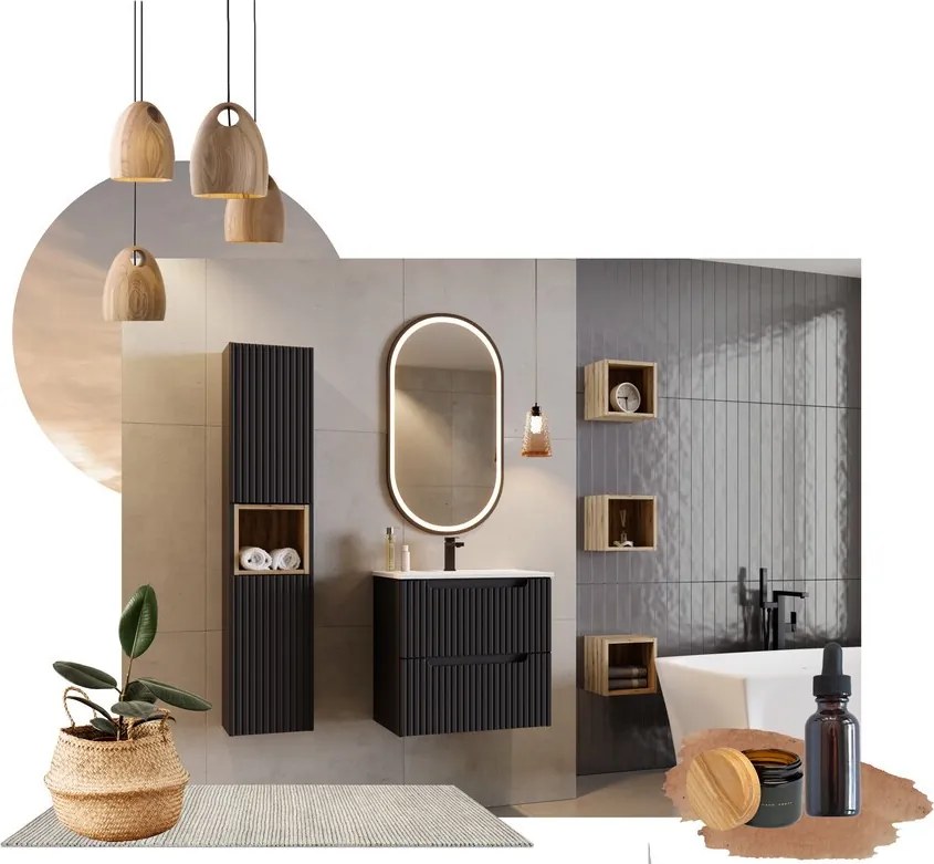 Závesná skrinka Nova Black II s doskou a umývadlom 80 cm čierna/biela