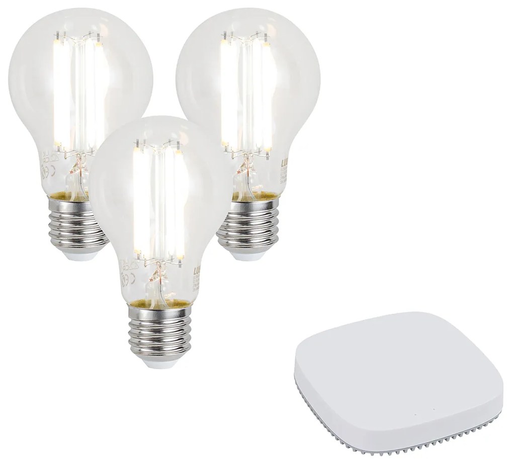 Sada 3 inteligentných stmievateľných LED žiaroviek E27 A60 7W 806LM 2700-6500K vrátane Zigbee Smart Hub
