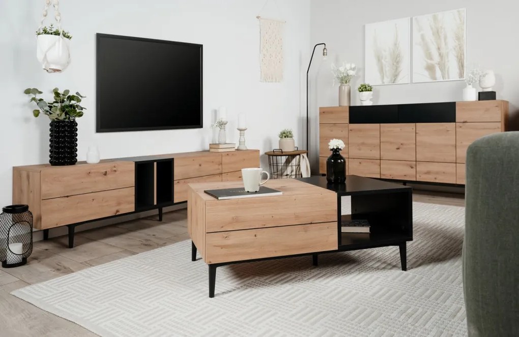 Široká komoda so zásuvkami Nola, dub artisan/čierna