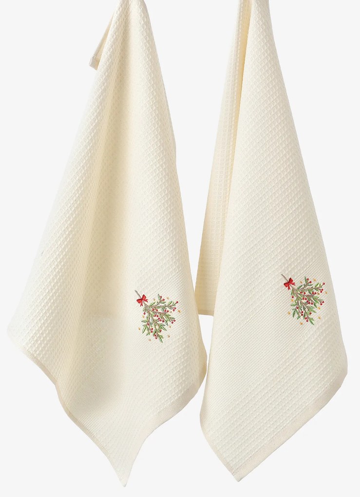 Goldea vianočná kuchynská vaflová utierka s výšivkou - imelo na krémovom 50 x 70 cm