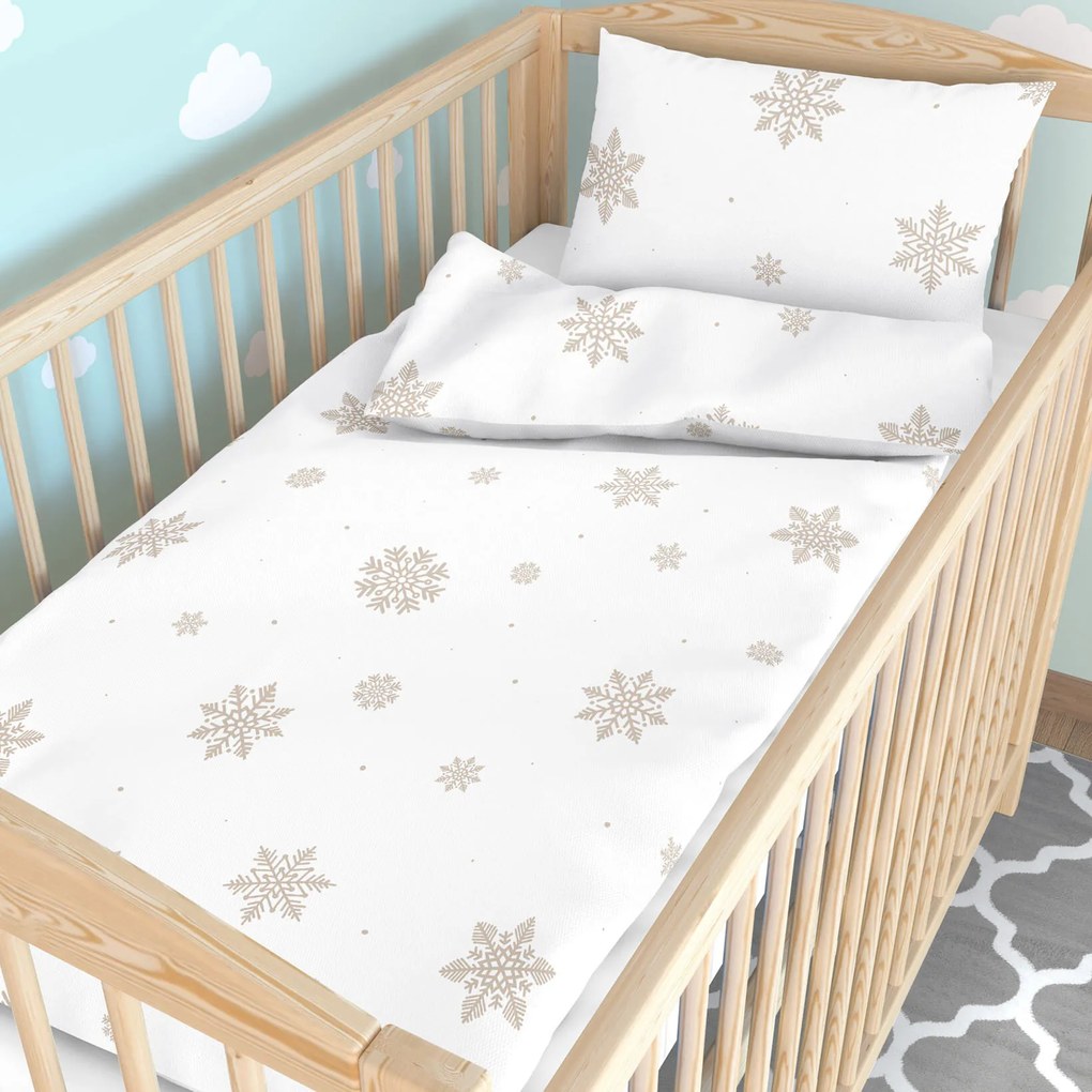 Goldea detské bavlnené obliečky do postieľky - snehové vločky na bielej 100 x 135 a 40 x 60 cm