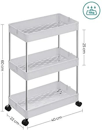 Kuchynský vozík s 3 priehradkami, biely, 60x40x22cm