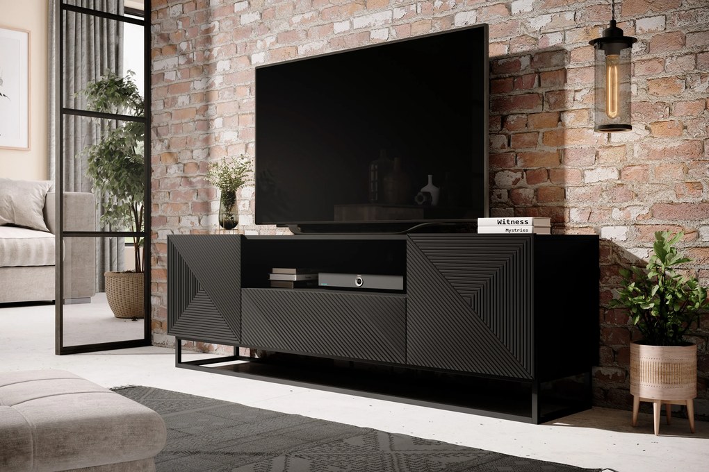 TV stolík Asha 167 cm so zásuvkou a kovovou konštrukciou - čierny mat