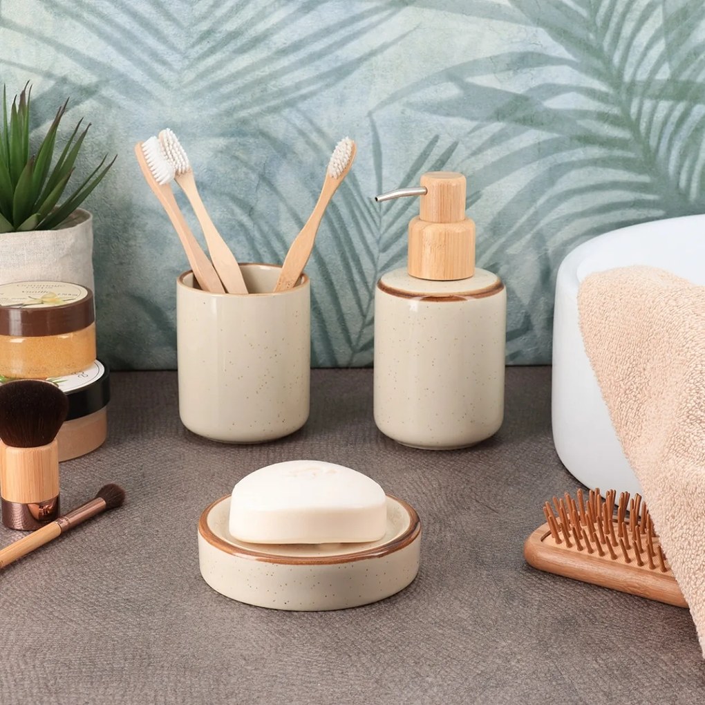 Sada kúpeľňových doplnkov Elva, béžová/s drevenými prvkami