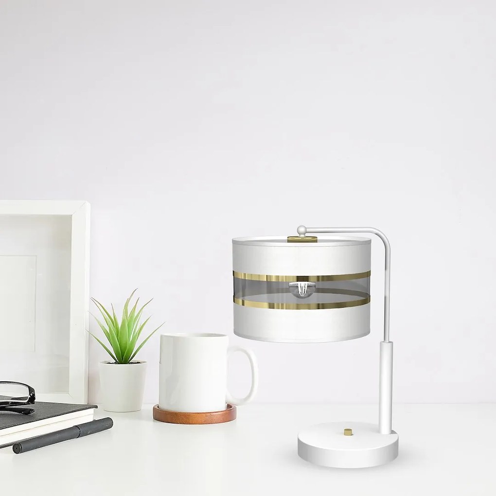 Stolná lampa Ultimo, 1x biele/zlaté textilné tienidlo, w