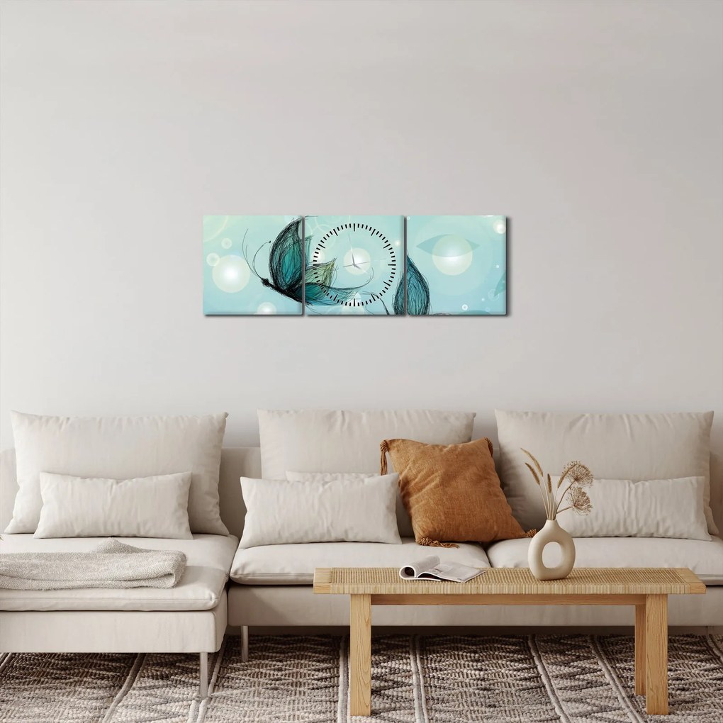 Obraz - Modré motýliky (s hodinami) (90x30 cm)