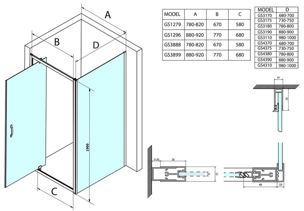 Gelco, SIGMA SIMPLY obdĺžniková sprchová zástena pivot dvere 800x900mm L/P varianta, číre sklo, GS1279GS3190