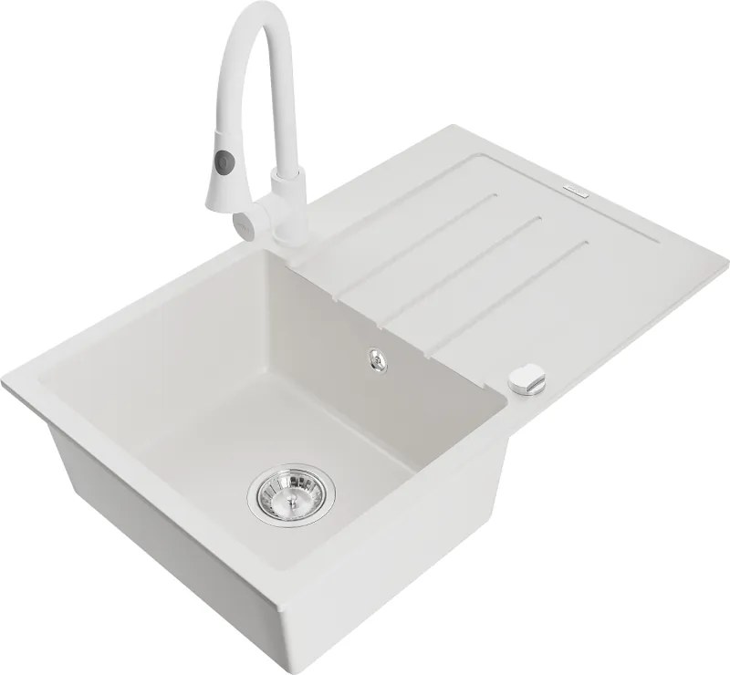 Mexen Bruno, 1-komorový granitový drez 795x495x200 mm a drezová batéria Elia, biela, 6513-20-670101-20