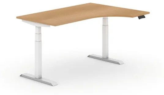 Výškovo nastaviteľný stôl, elektrický, 625-1275 mm, ergonomický pravý, doska 1600x1200 mm, buk, biela podnož
