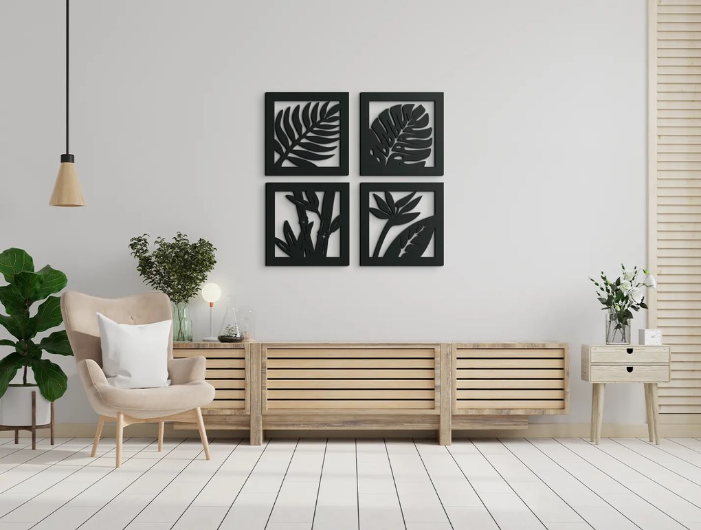 drevko 4-dielny drevený obraz Listy Rozmer obrazu: 44,5 x 45,5 cm, Farba dekorácie: Čierna
