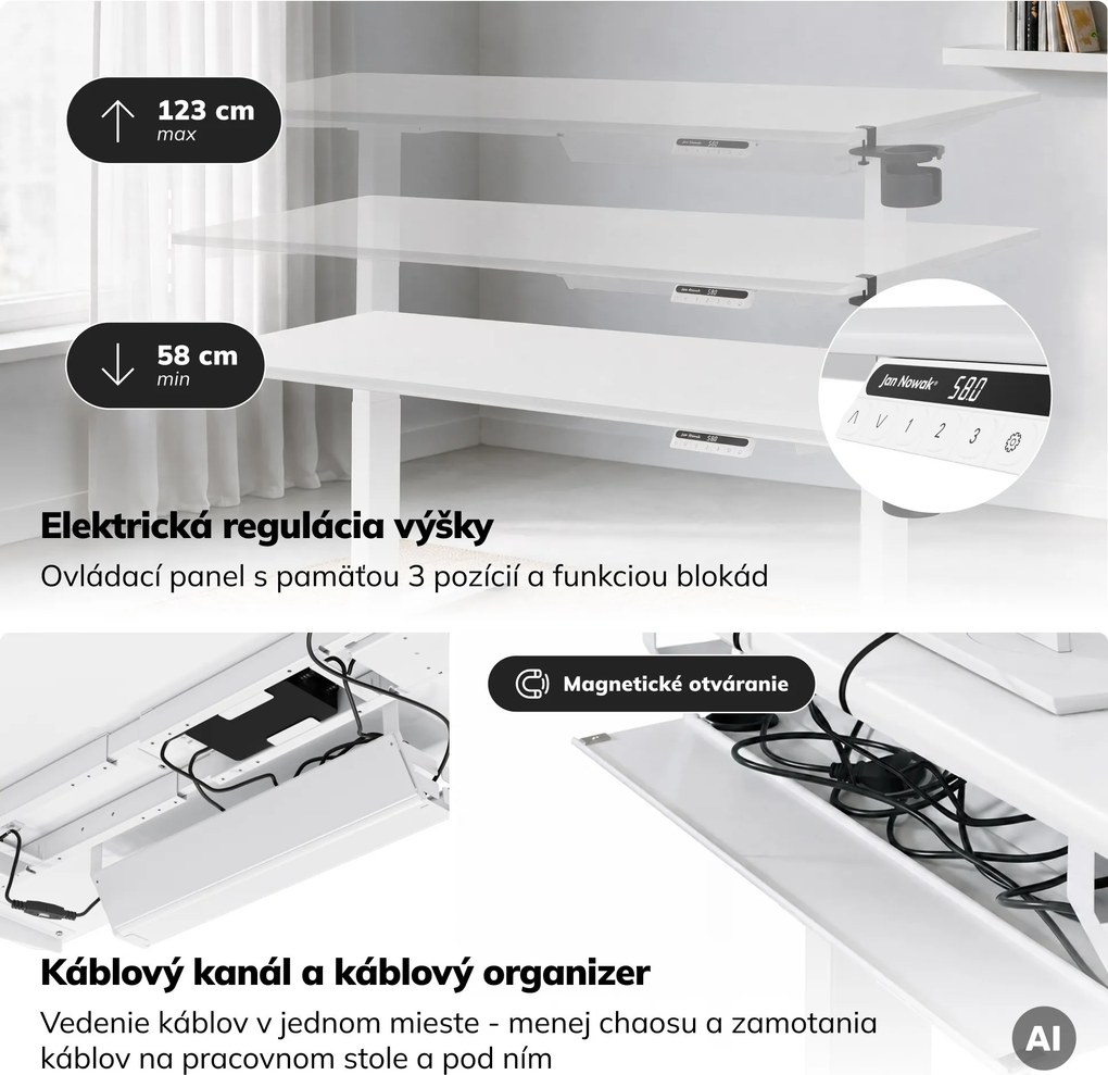 Elektrický stôl s nastaviteľnou výškou ergonomický biely,1600x800 mm: ARIA