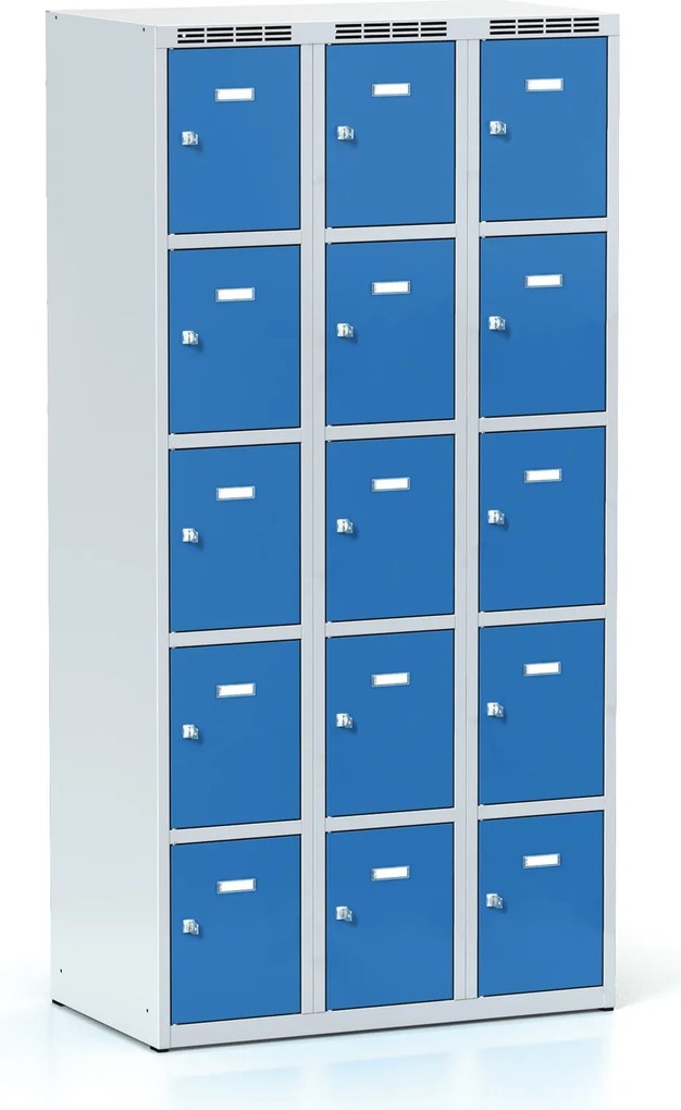 Šatníková skrinka S6 s úložnými boxami, 15 boxov, 1800 x 900 x 500 mm, otočný zámok, modré dvere