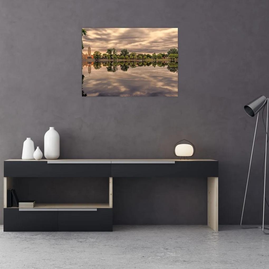 Sklenený obraz jazera a stromov (70x50 cm)
