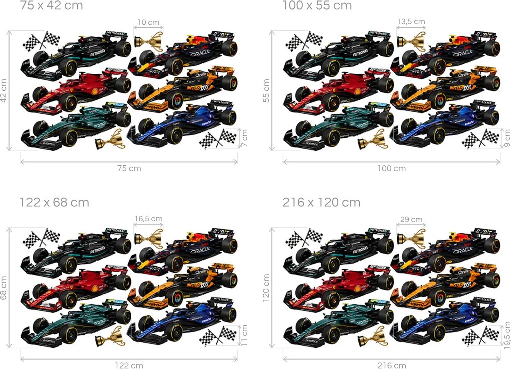Farebné formule F1 automobilové nálepky na stenu hárok 75 x 42 cm