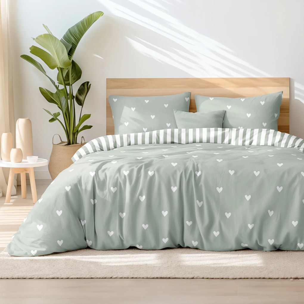 Goldea bavlnené posteľné obliečky - srdiečka na šalviovo zelenom s prúžkami 220 x 200 a 2ks 70 x 90 cm
