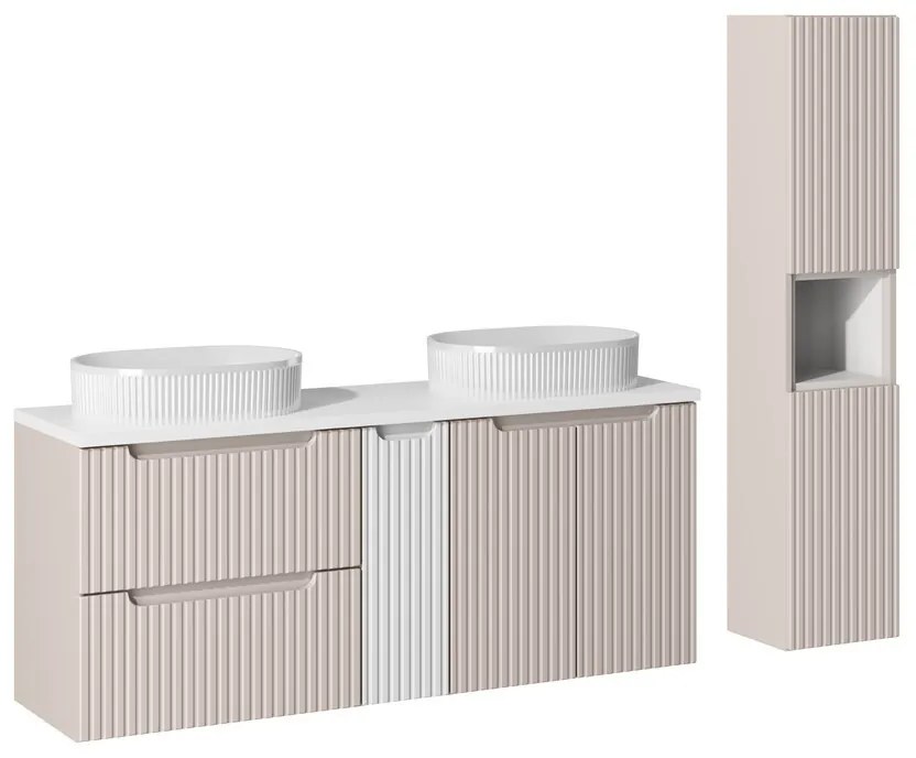 Kúpeľňová zostava Nova Cashmere Beyond s doskou, umývadlami a skrinkami 140 cm biela/kašmírová