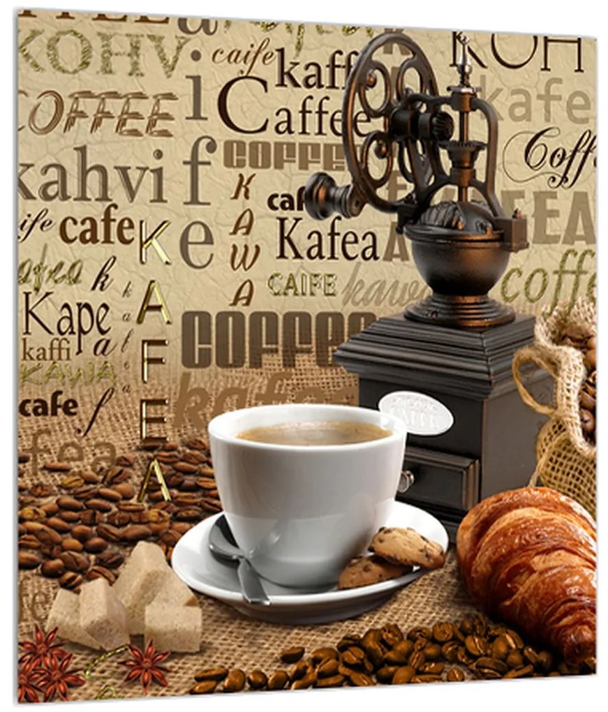 Obraz kávy, mlynčeka a croissantov (30x30 cm)