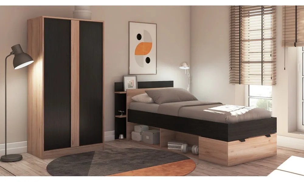 Jednolôžková posteľ v dekore duba s úložným priestorom bez roštu v čierno-prírodnej farbe 90x200 cm Albo – Marckeric