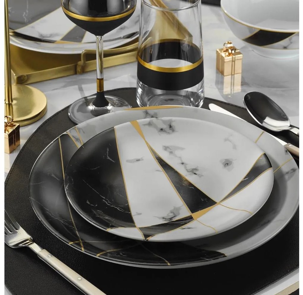 24-dielna jedálenská súprava, čierna/biela/zlatá, porcelán