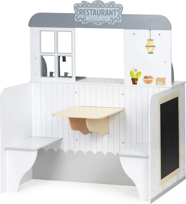 Drevená kuchynka pre deti so stolikom a stoličkami v štýle reštaurácie