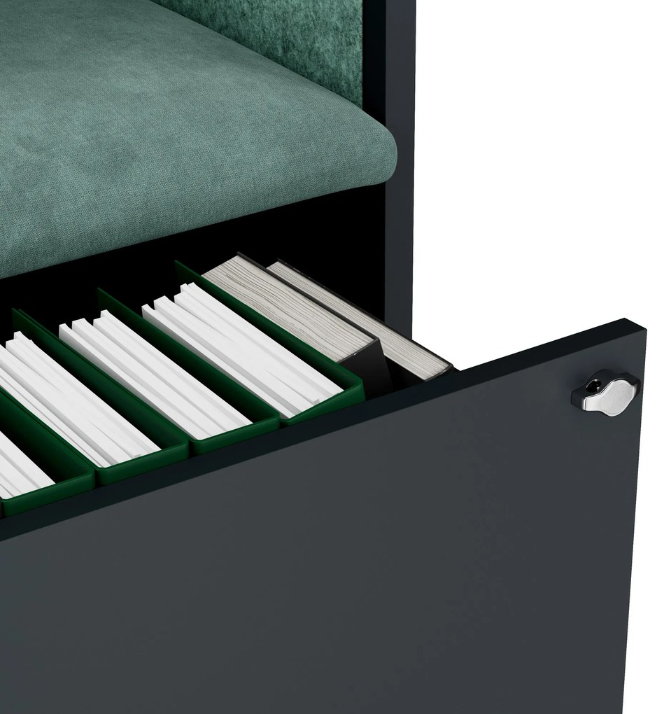 Kancelárska akustická kabína so sedadlom a portom USB-C, telo v antracitovej farbe / sedadlo v zelenej farbe, 1150 mm: SALLY MentalBox