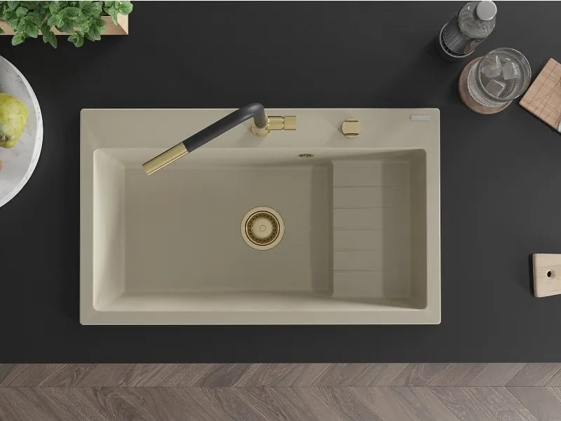 Mexen Omar granitový kuchynský drez 1-komorový 800 x 480 mm, béžový, sifón zlatý - 6520801005-69-G