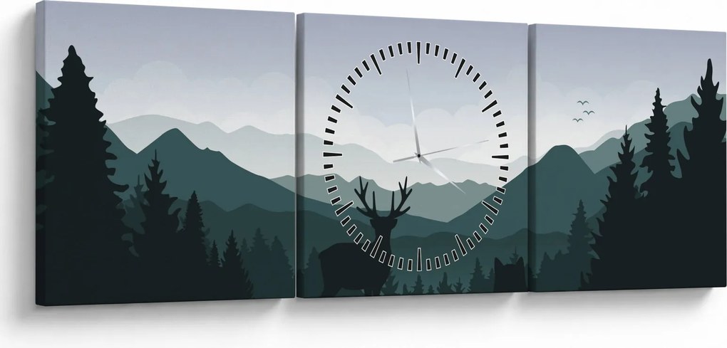 Obraz - Jeleň s vlkom v skalách (s hodinami) (90x30 cm)