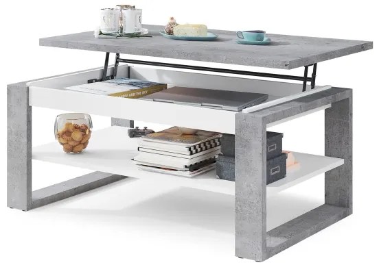 Konferenčný stôl so zdvíhacou doskou a poličkou NEA šedá betón/biela