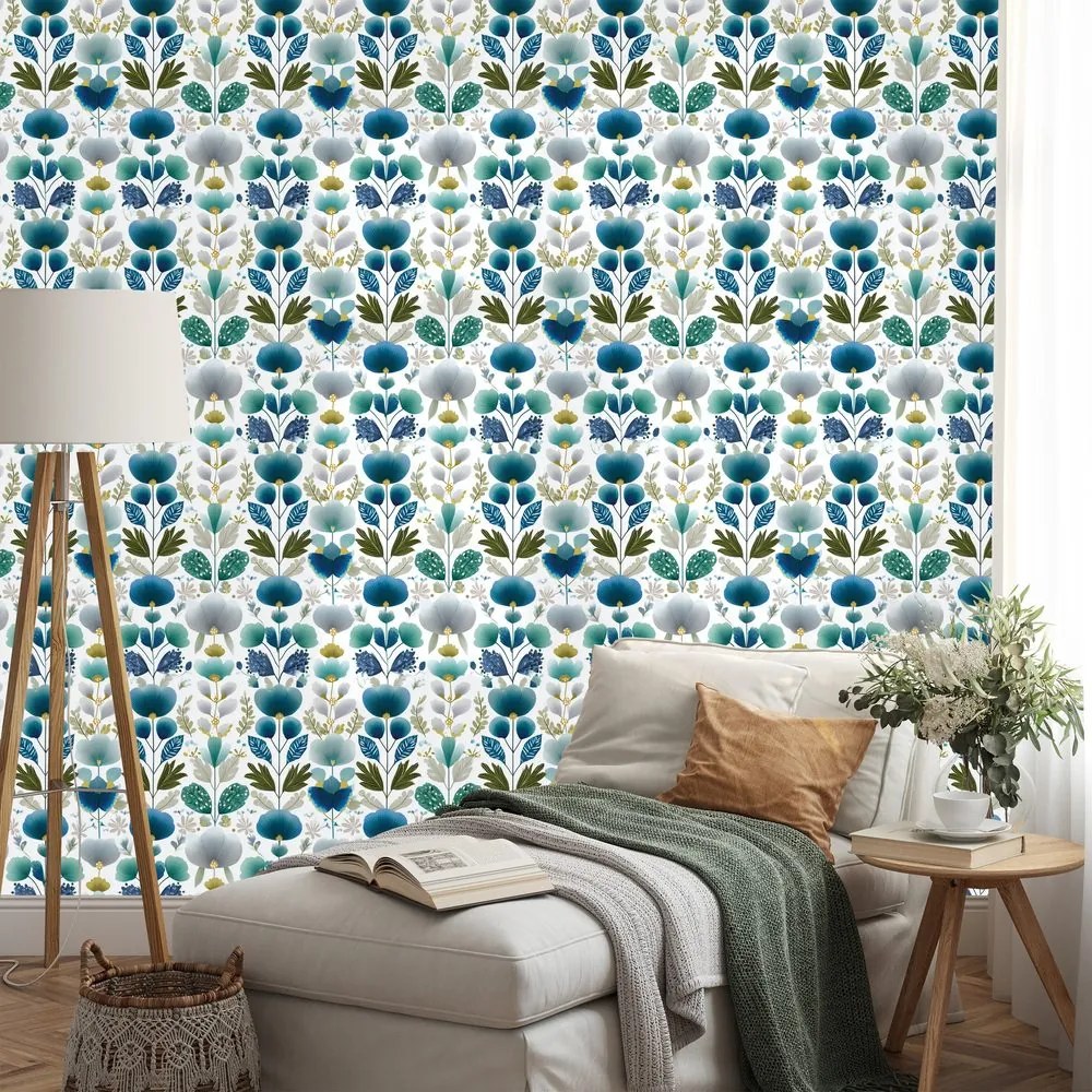 Tapeta modré kvety na bielom pozadí