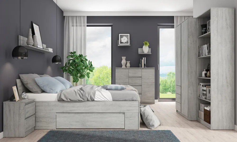 Posteľ so zásuvkami Carlos 140x200, šedý beton