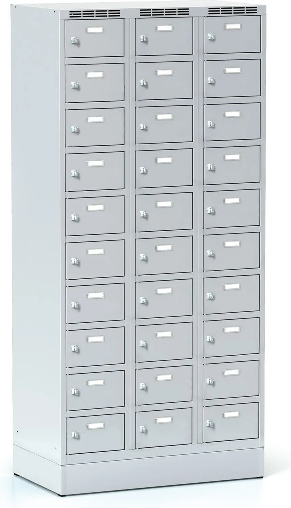 Šatníková skrinka S6 na sokli s úložnými boxami, 30 boxov, 1920 x 900 x 500 mm, otočný zámok, sivé dvere