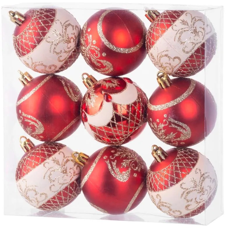 Gule MagicHome Vianoce, 9 ks, červené s ornamentom, na vianočný stromček, 6 cm