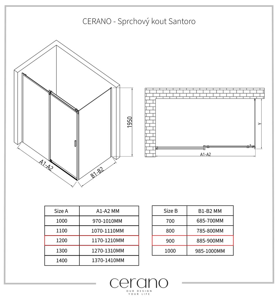 Cerano Lantono, sprchovací kút s posuvnými dverami 120(dvere) x 90(stena) x 195 cm, 8mm číre sklo, čierny profil, CER-CER-431500
