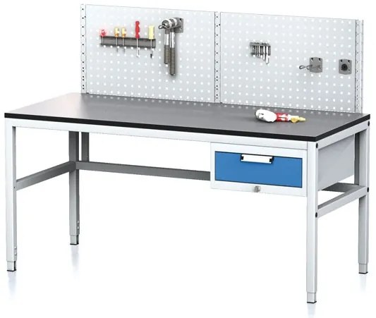 Alfa 3 Nastaviteľný dielenský stôl MECHANIC II, s perfopanelom, 1 zásuvkový box na náradie, 1600x700x745-985 mm, sivá/modrá