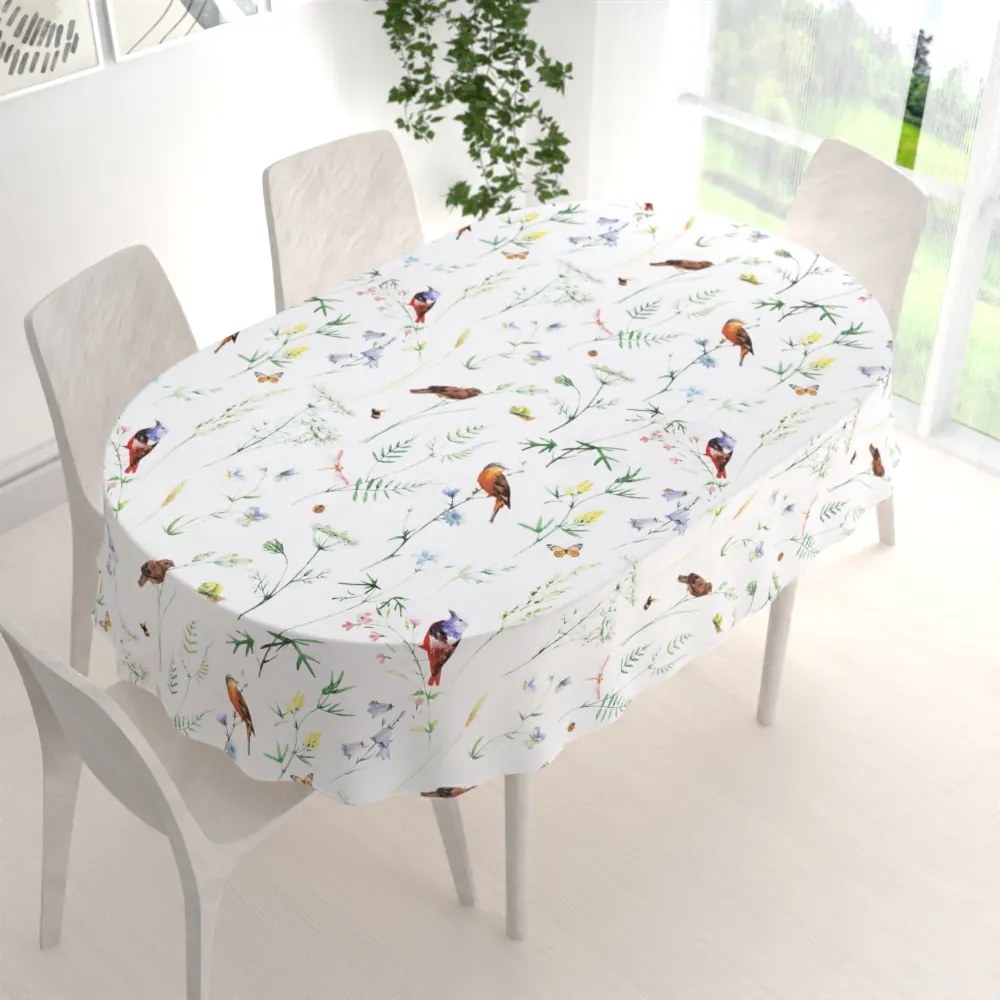Biante Bavlnený oválny obrus Sandra SA-392 Lúčne kvietky s vtáčikmi 100x140 cm