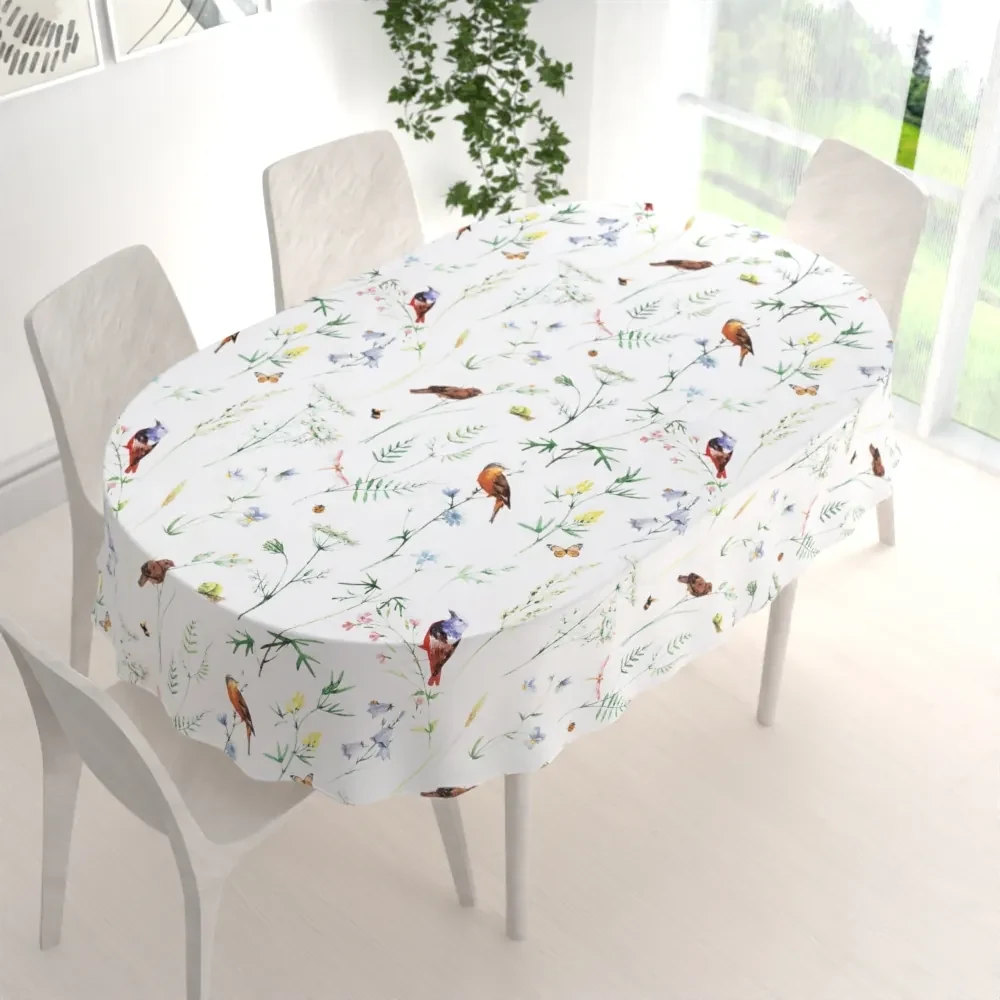 Biante Bavlnený oválny obrus Sandra SA-392 Lúčne kvietky s vtáčikmi 100x160 cm