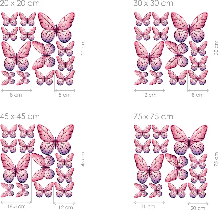 Motýle svetlo ružové 13 ks textilní prelepiteľné nálepky na stenu list 30 x 30 cm