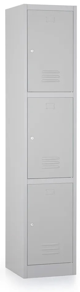 Kovová šatníková skrinka - 3 boxy, 38 x 45 x 185 cm, cylindrický zámok, svetlo sivá - ral 7035