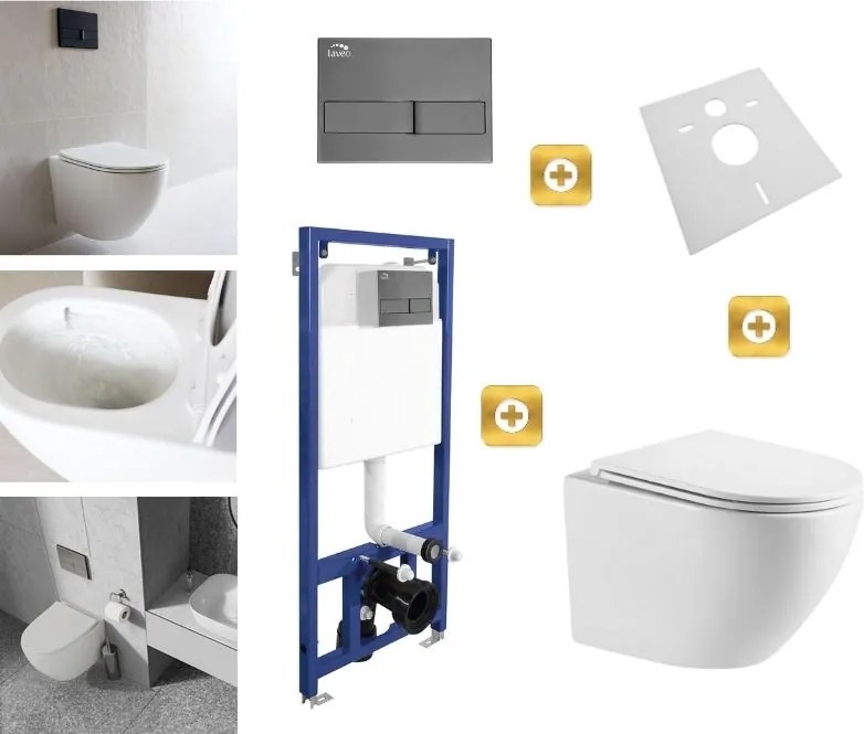 Erga Erga, závesný set pod omietku Laveo Akan + závesná WC misa Lily+ s toaletným sedadlom z duroplastu + splachovacie tlačidlo, biela lesklá, ERG-SETLAVLILYWHGF